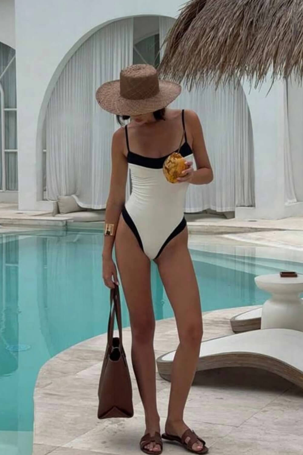 Colorblock High Rise One Piece Swimsuit - White & Black