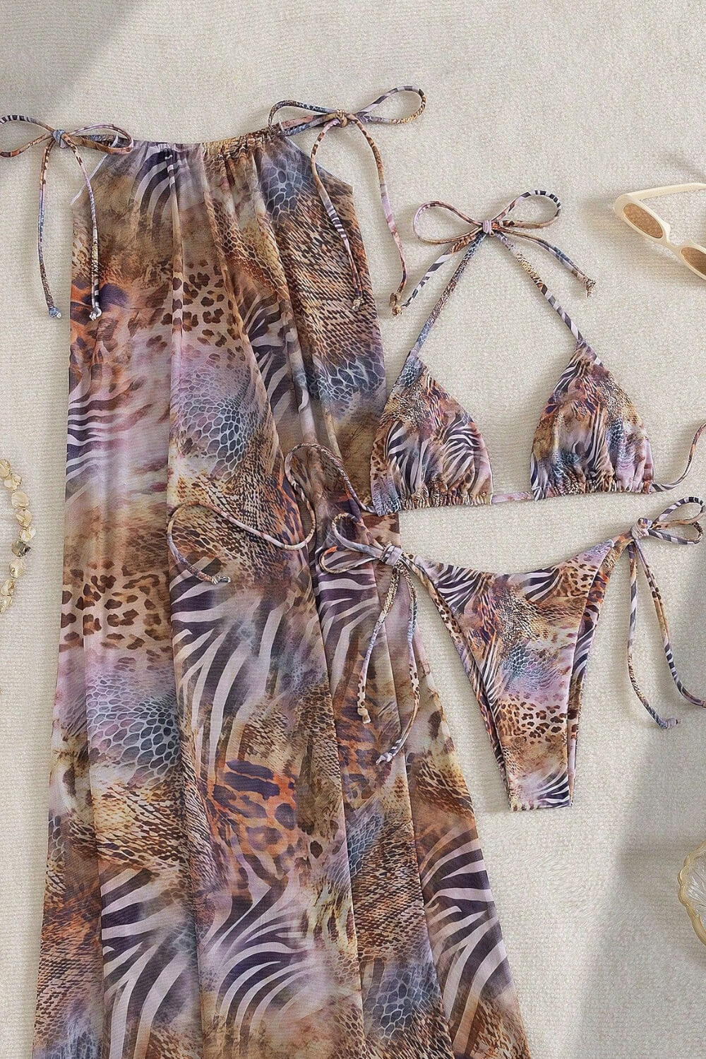 Safari Chaos Print Triangle Halter High-Cut Bikini Set & Maxi Skirt