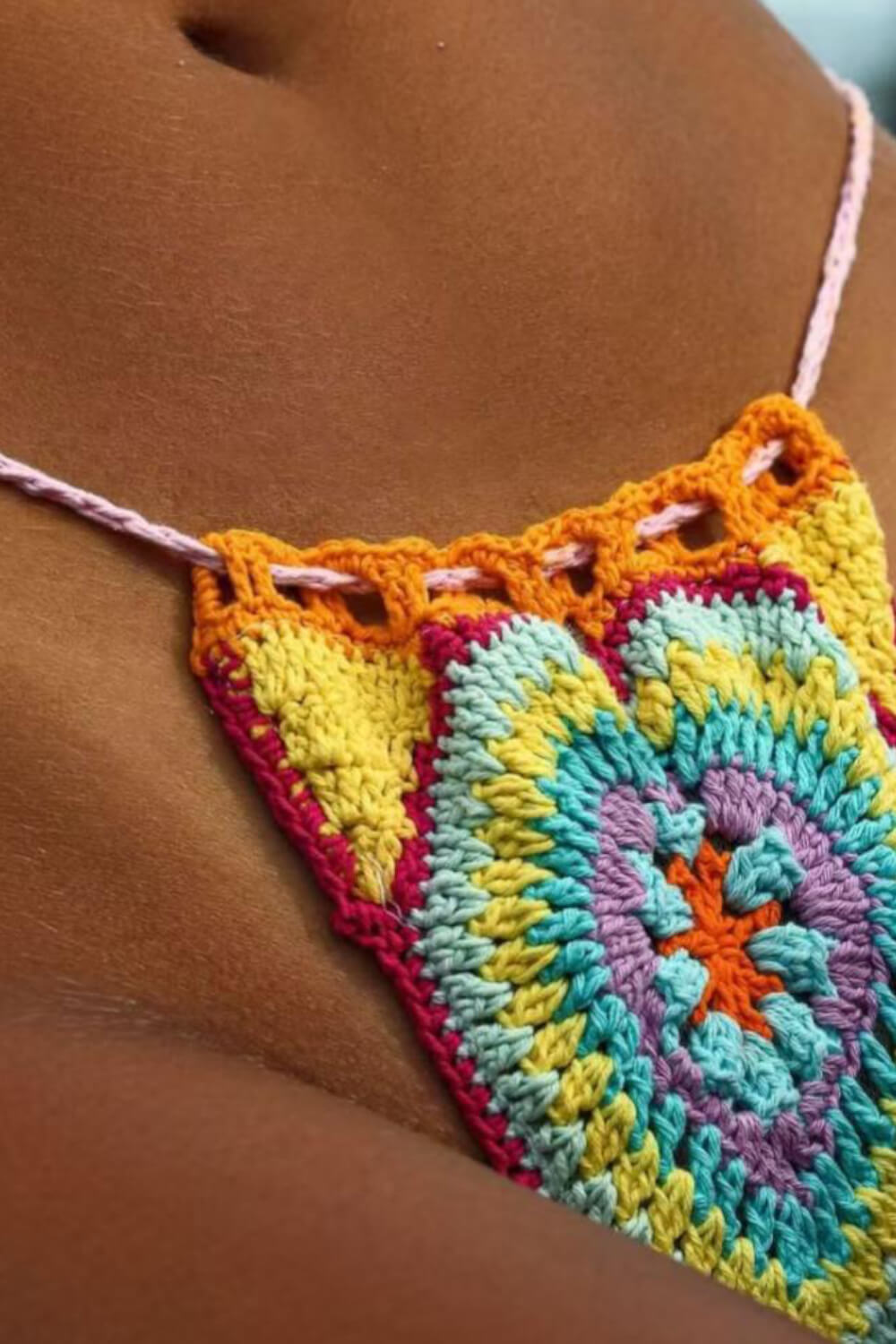 Multi Coloured Crochet String Triangle Tie Side Bikini Set