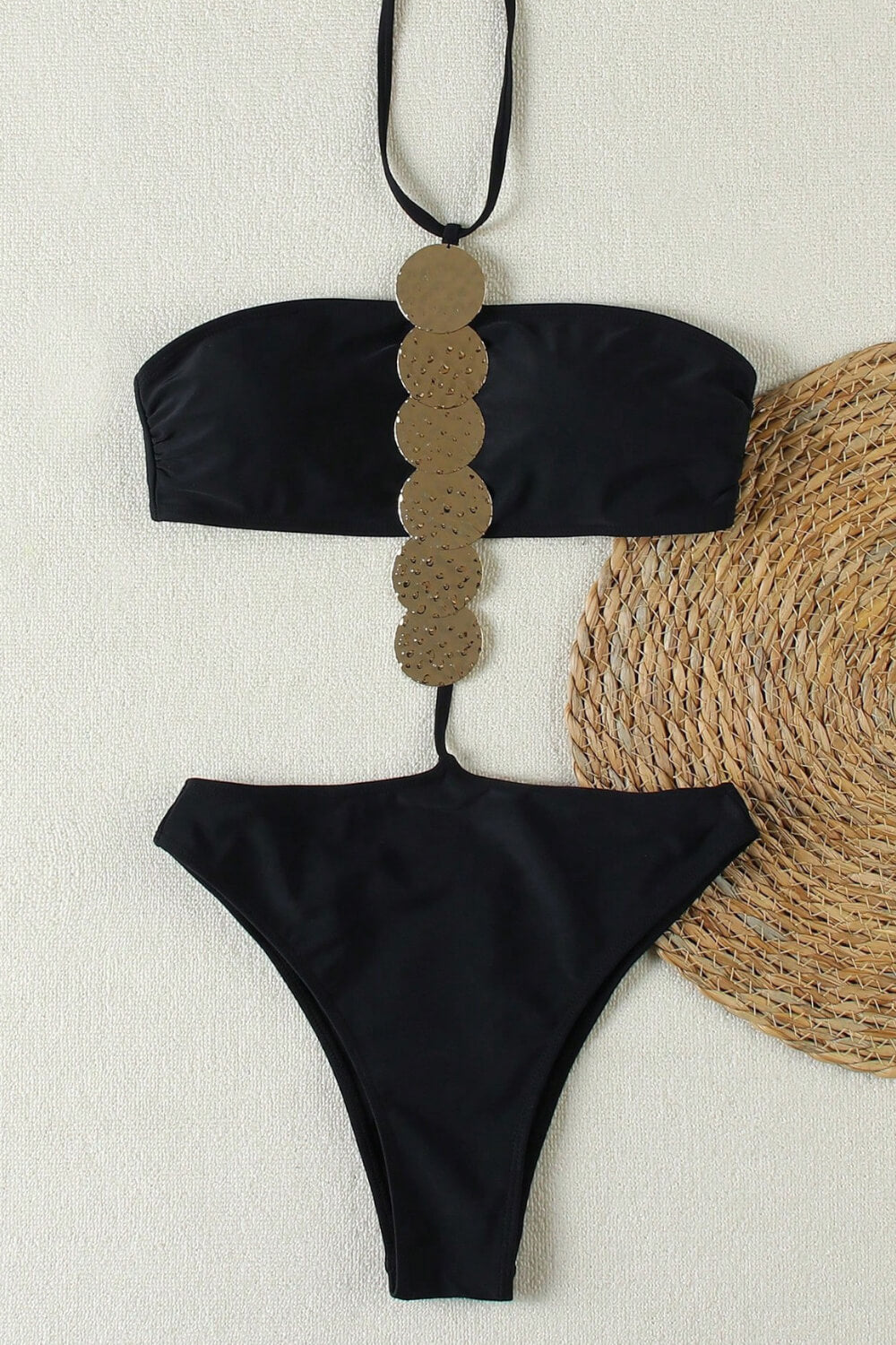 Halterncek Cut-Out One Piece Swimsuit With Metallic Medals Details