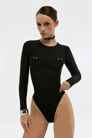 Hardware Embellished Underwire Long Sleeve One Piece Swimsuit Black
