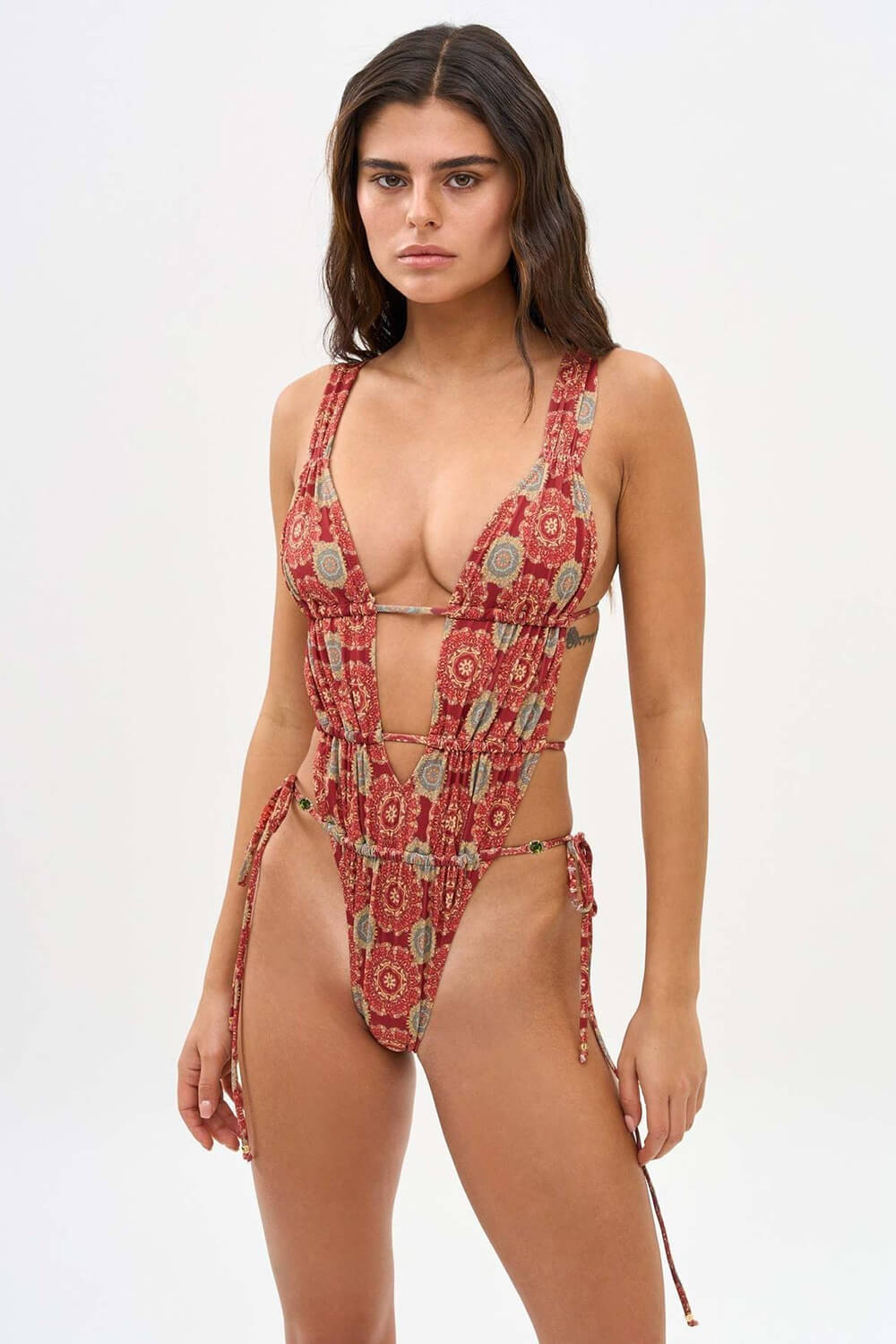 Boho Print Plunge Waist-Tie Open Back High-Leg One Piece Swimsuit
