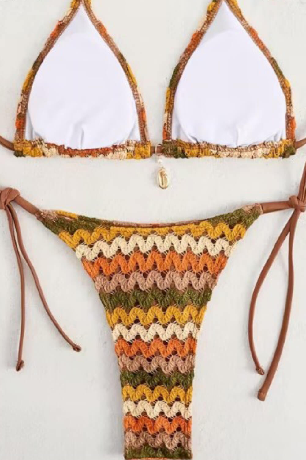 Multi Crochet Triangle Halter Tie Side Bikini Set With Silver Ring Details