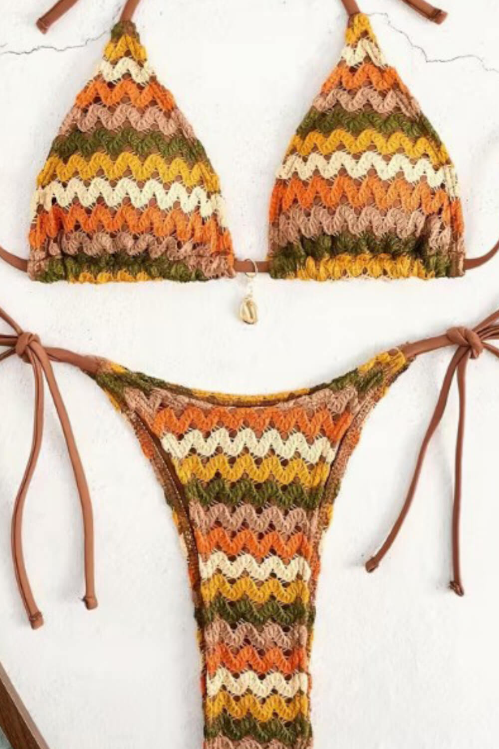 Multi Crochet Triangle Halter Tie Side Bikini Set With Silver Ring Details