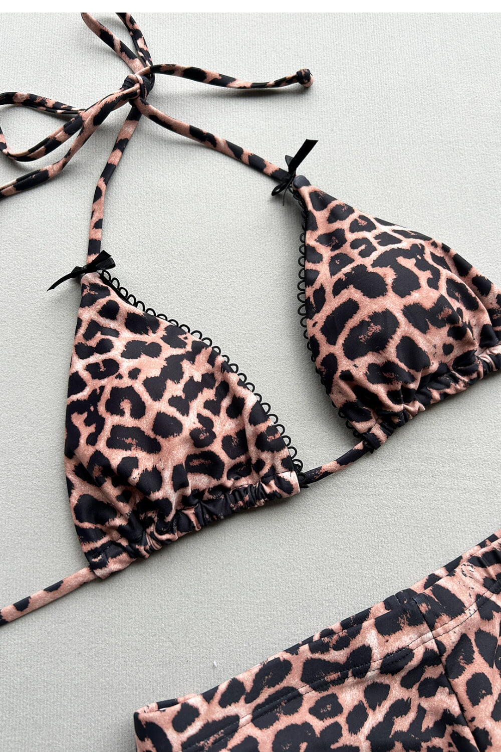 Leopard Print Triangle Bowknot Bikini Top And Low Rise Boyshorts