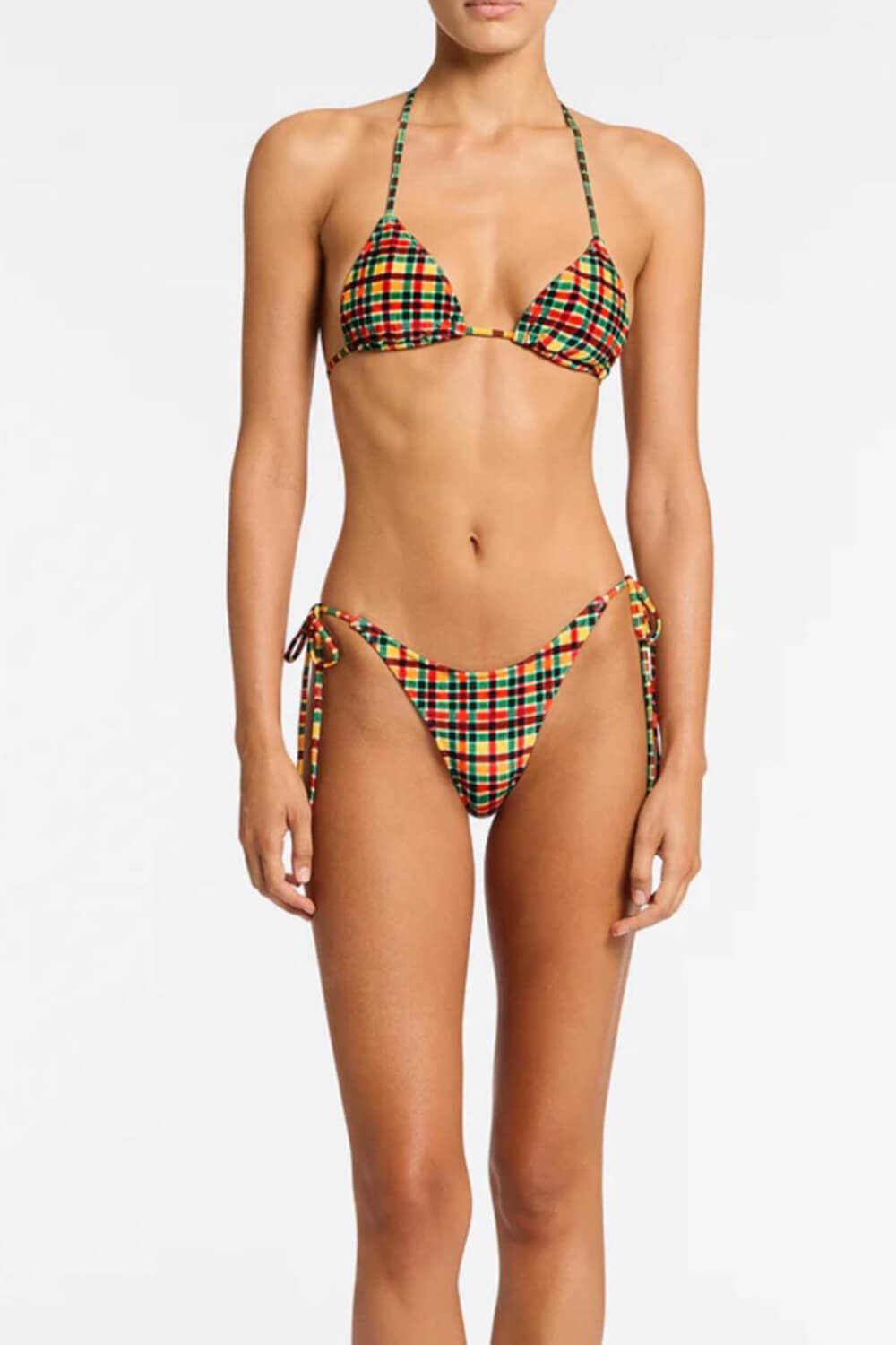 Multi Gingham Triangle Halter Tie Side Bikini Set
