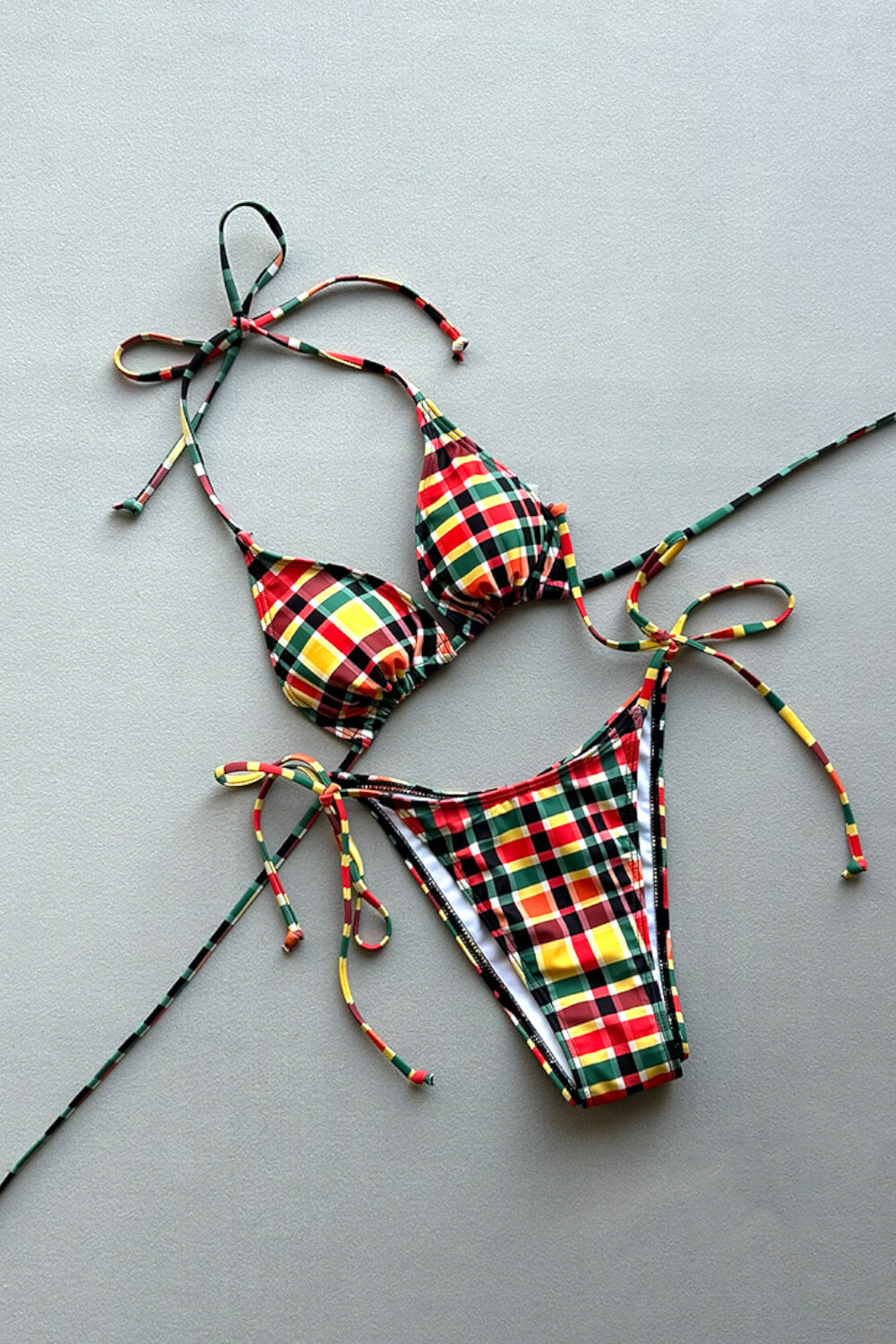 Multi Gingham Triangle Halter Tie Side Bikini Set