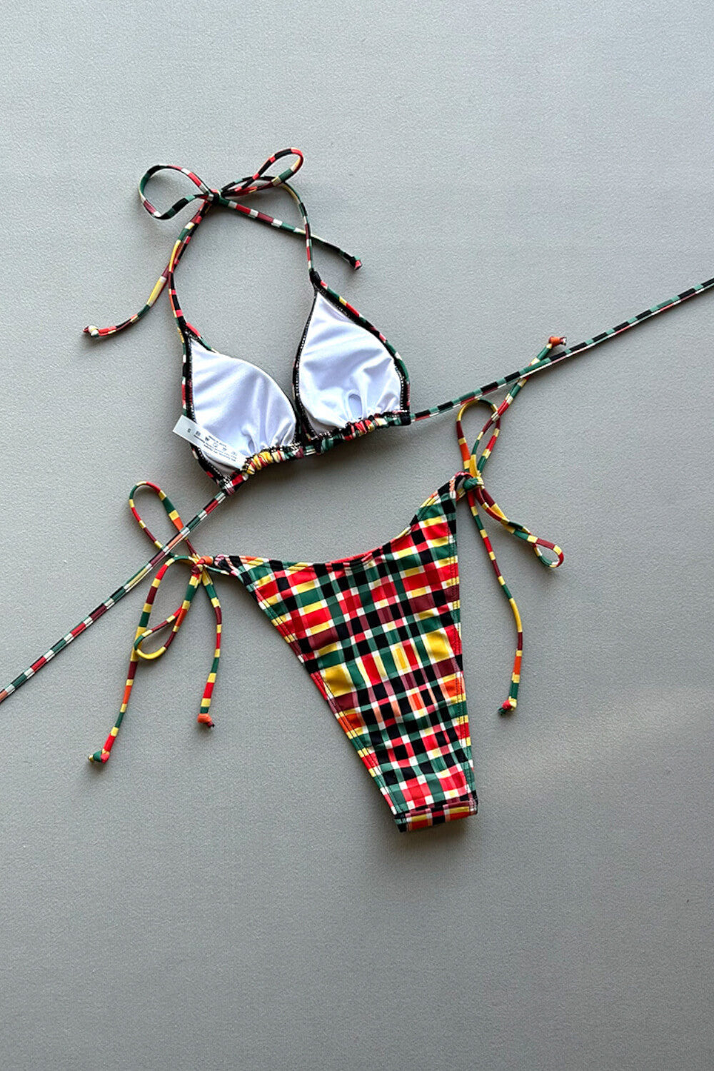 Multi Gingham Triangle Halter Tie Side Bikini Set