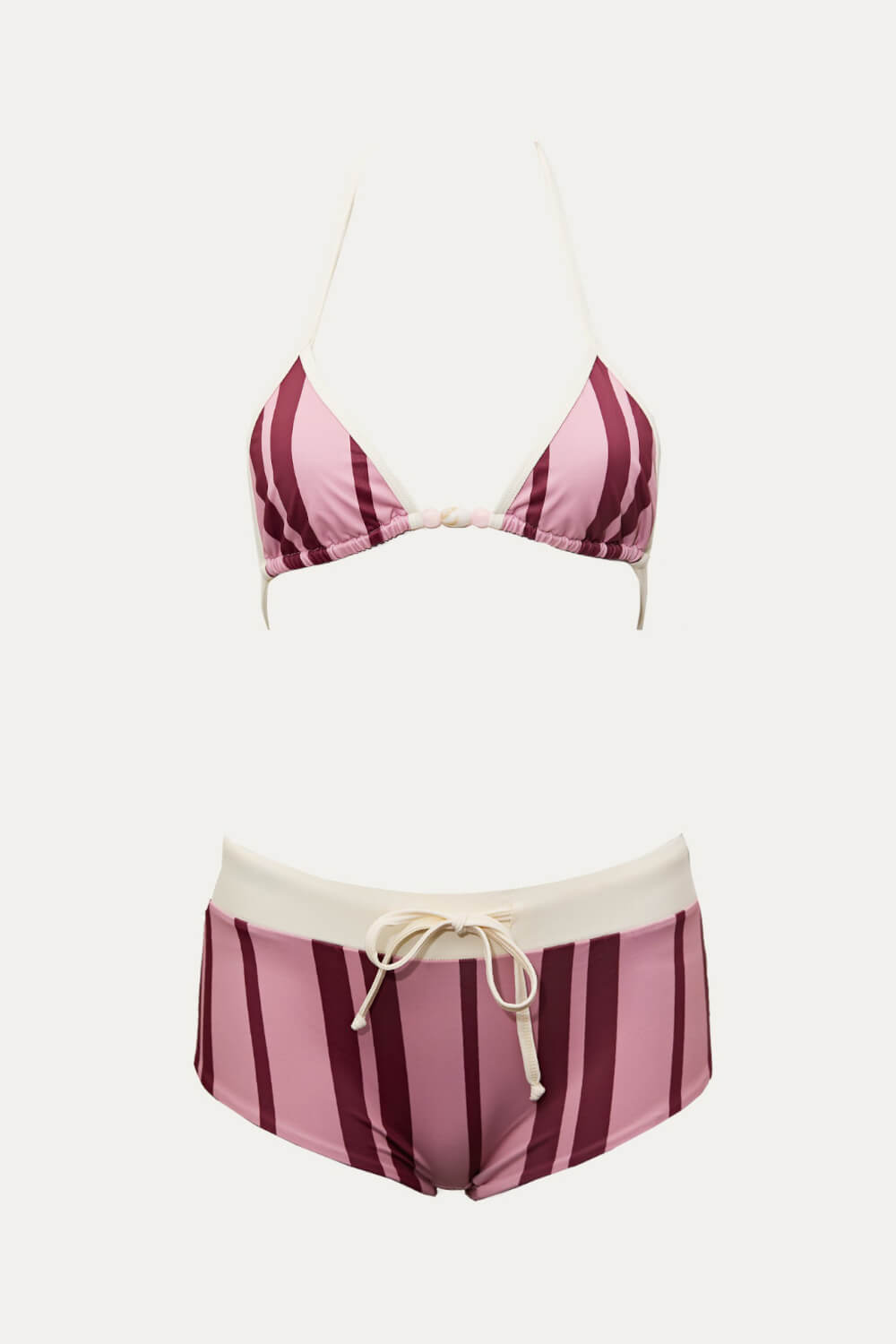 Contrasted Striped Triangle Halter Bikini Top And Low Rise Boyshorts With Bead Details