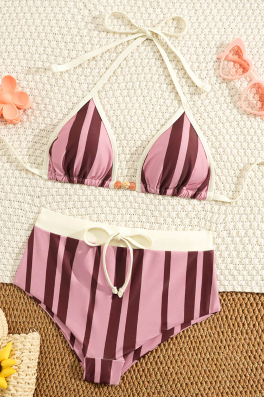 Contrasted Striped Triangle Halter Bikini Top And Low Rise Boyshorts With Bead Details