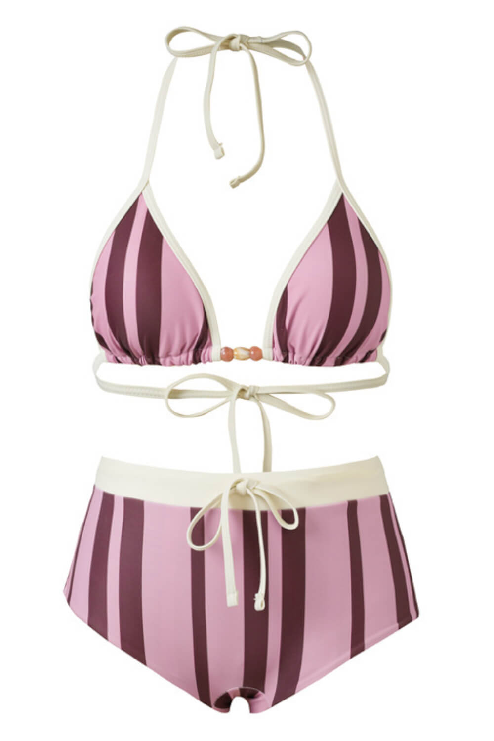 Contrasted Striped Triangle Halter Bikini Top And Low Rise Boyshorts With Bead Details