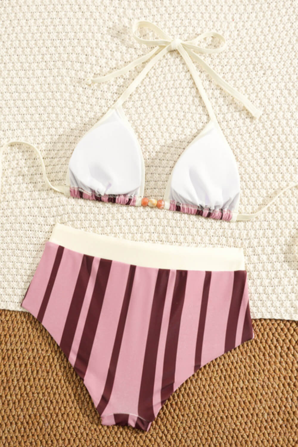 Contrasted Striped Triangle Halter Bikini Top And Low Rise Boyshorts With Bead Details