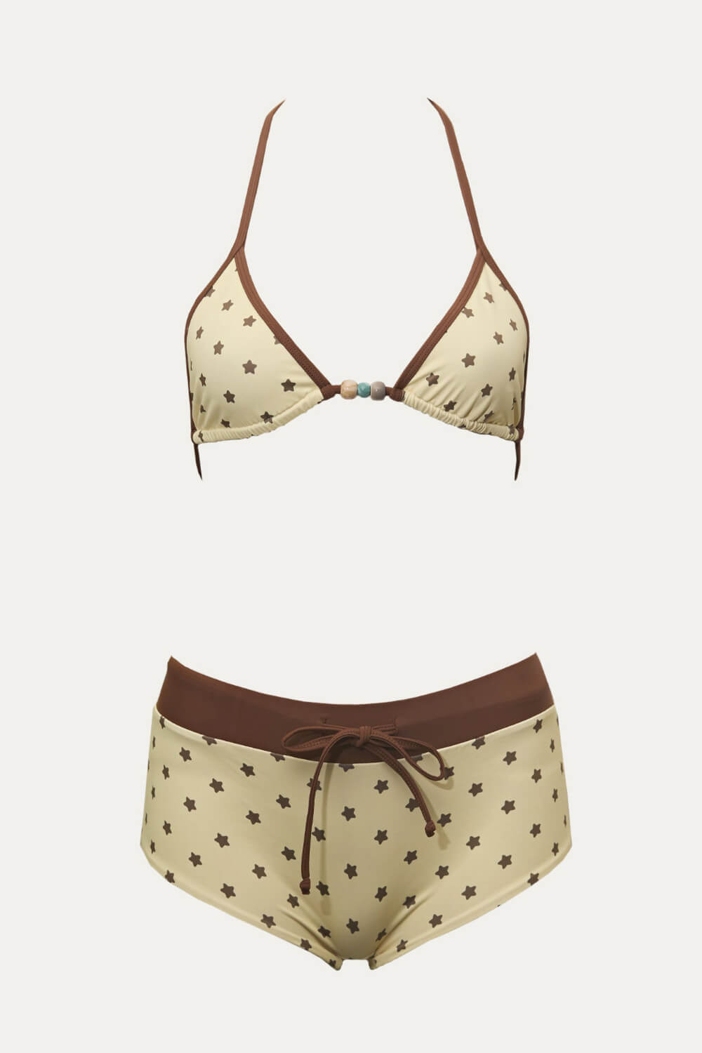 Yellow Star Print Triangle Halter Bikini Top And Low Rise Boyshorts With Bead Details