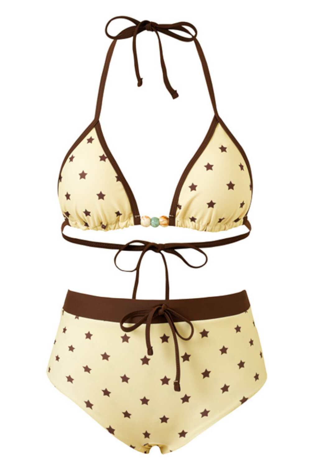 Yellow Star Print Triangle Halter Bikini Top And Low Rise Boyshorts With Bead Details