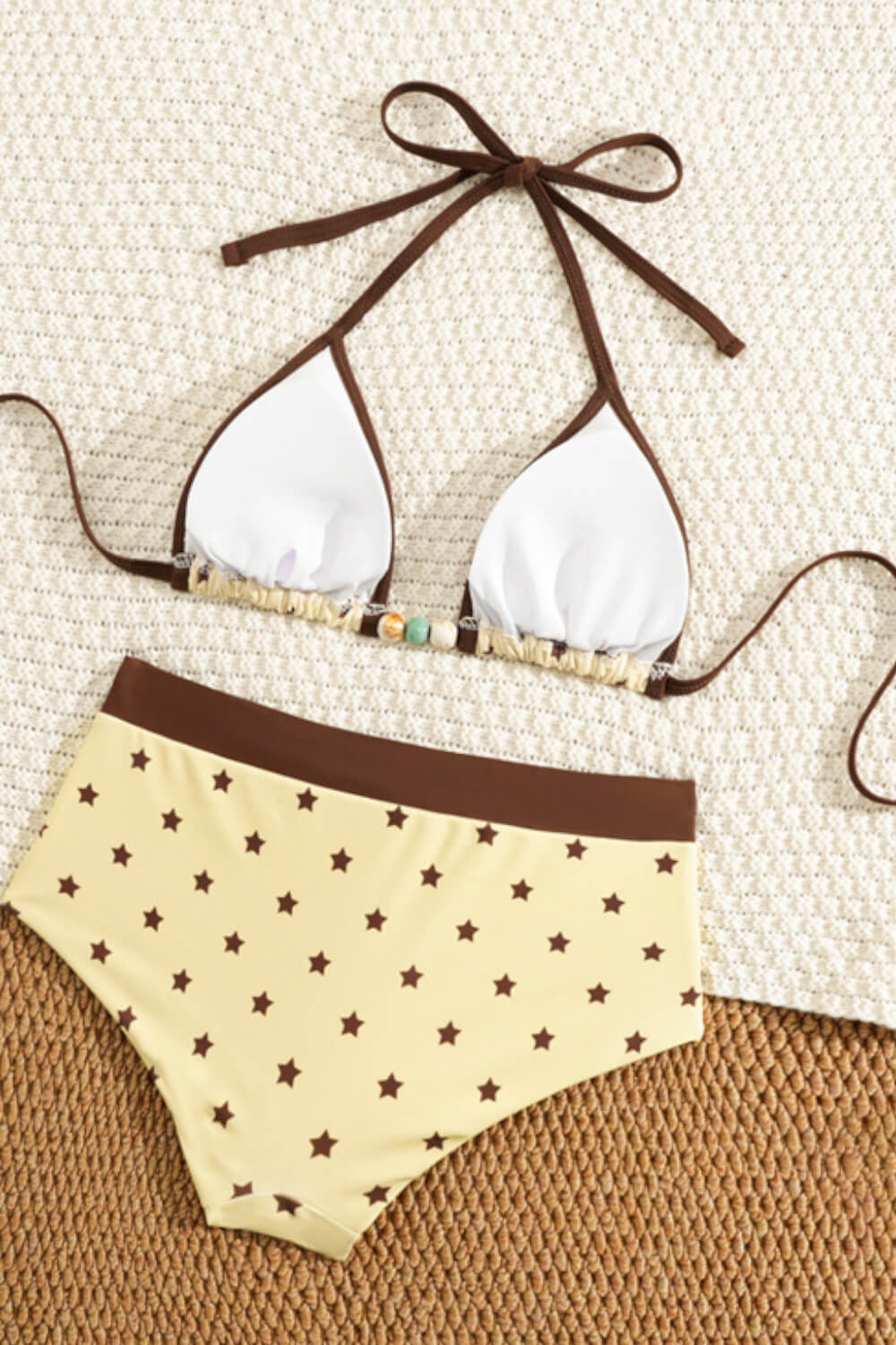 Yellow Star Print Triangle Halter Bikini Top And Low Rise Boyshorts With Bead Details
