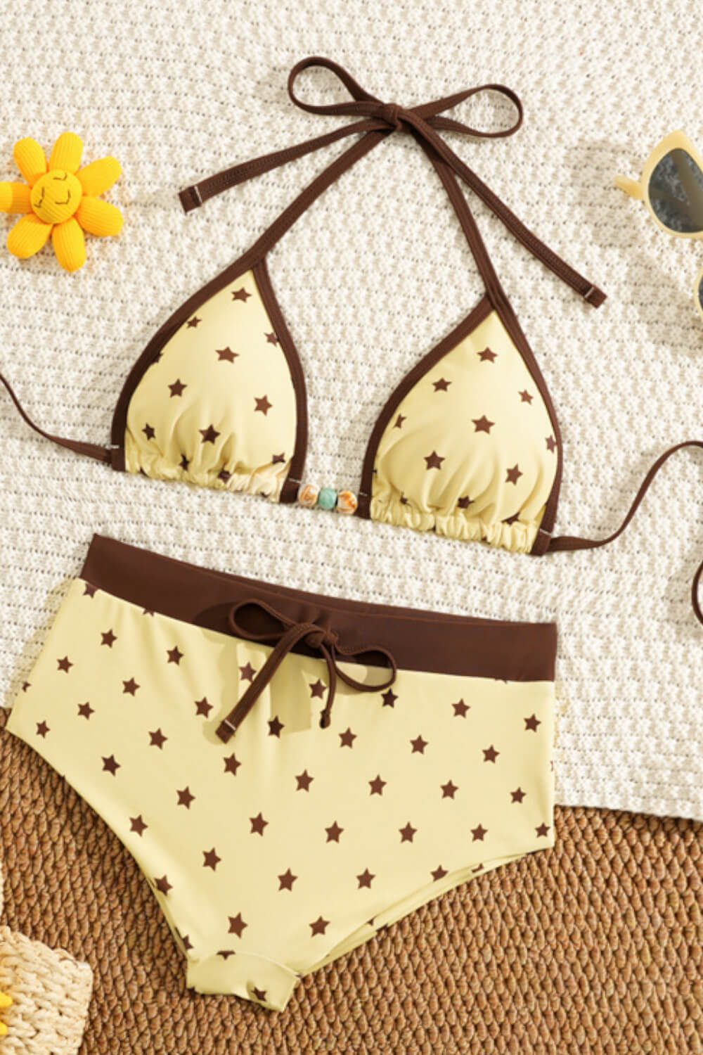 Yellow Star Print Triangle Halter Bikini Top And Low Rise Boyshorts With Bead Details