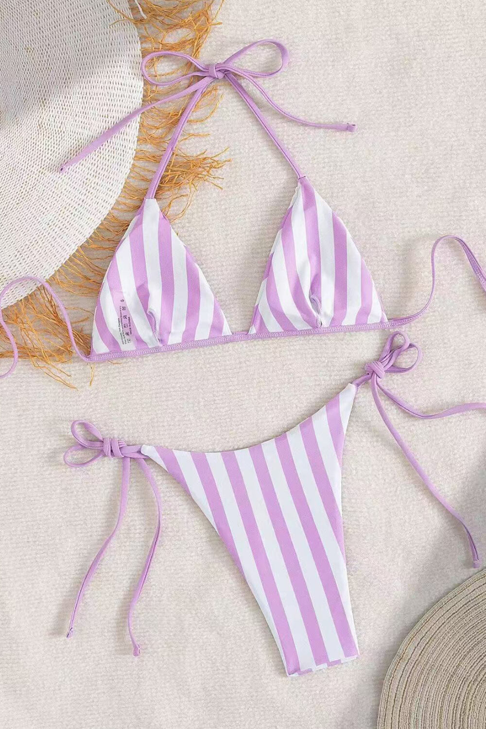 Mauve And White Striped Triangle Halter Tie Side Bikini Bottoms