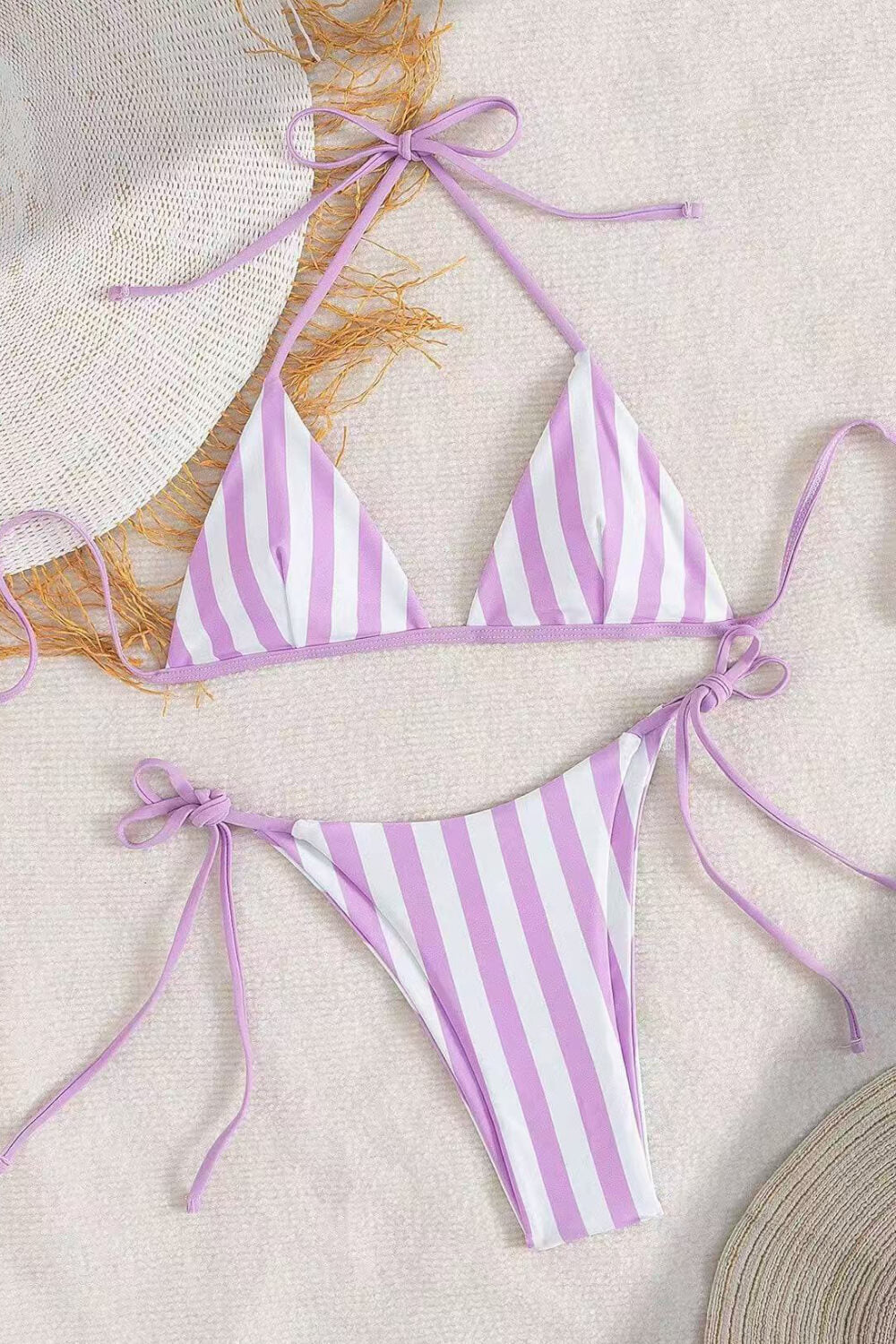 Mauve And White Striped Triangle Halter Tie Side Bikini Bottoms