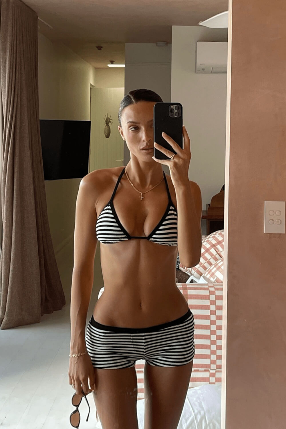 Black & White Striped Triangle Halter Bikini Top And Low Rise Boy Shorts
