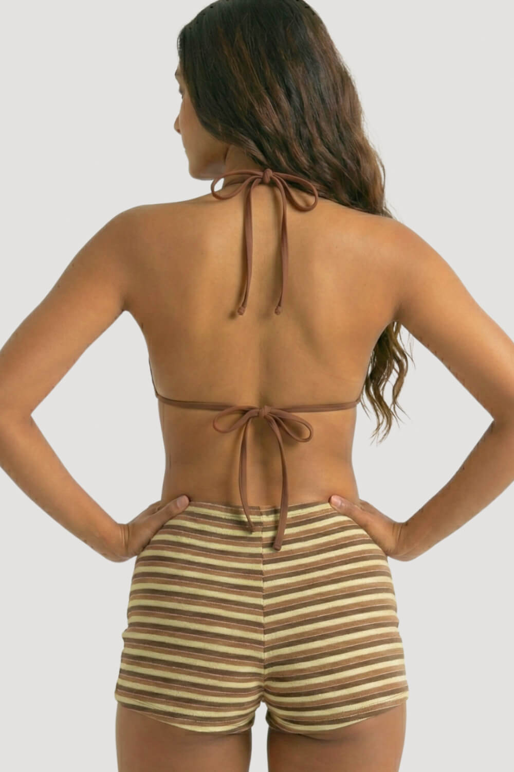 Color Block Striped Rib Triangle Halter Bikini Top And Low Rise Boy Shorts