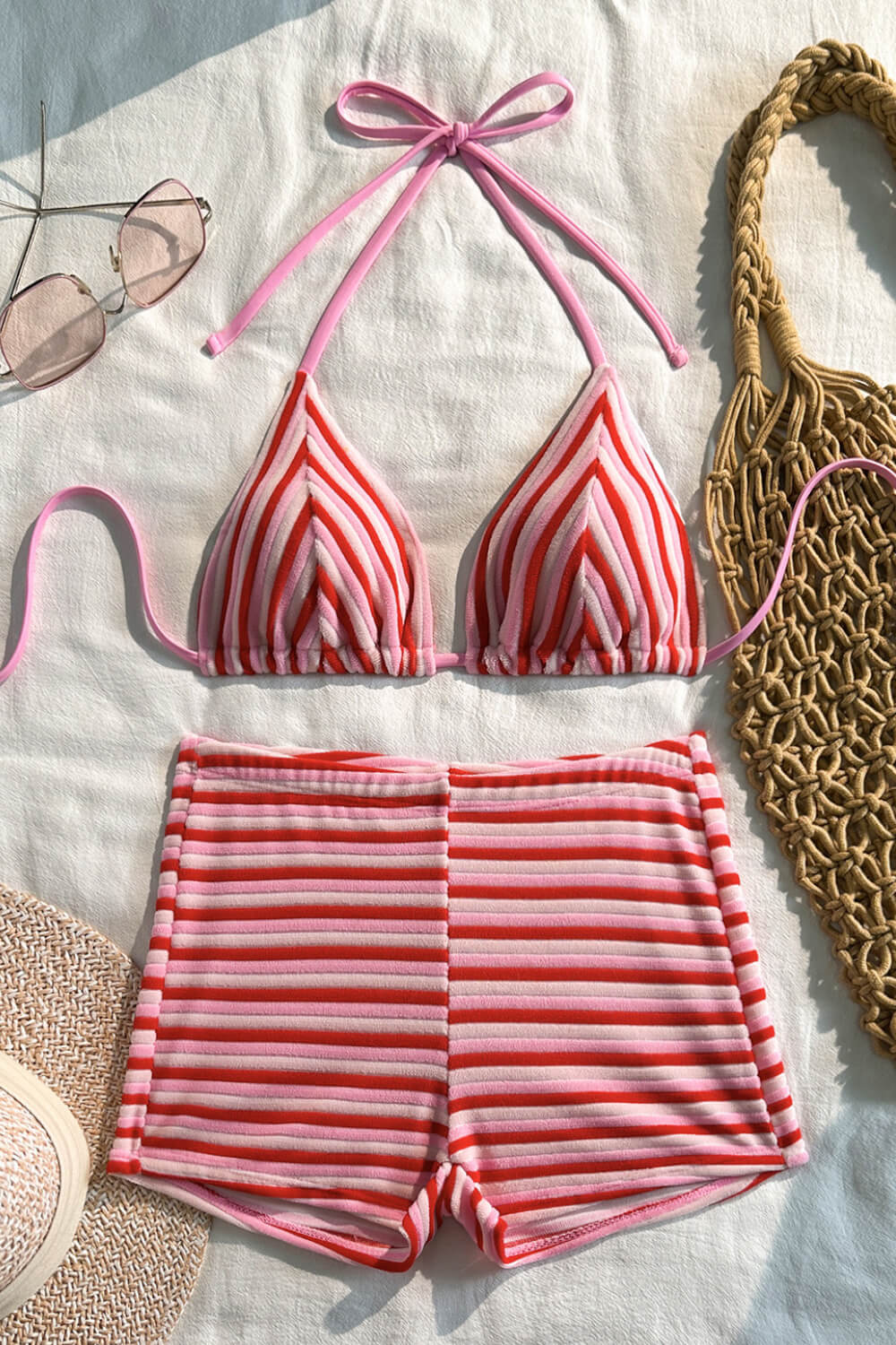 Color Block Striped Rib Triangle Halter Bikini Top And Low Rise Boy Shorts