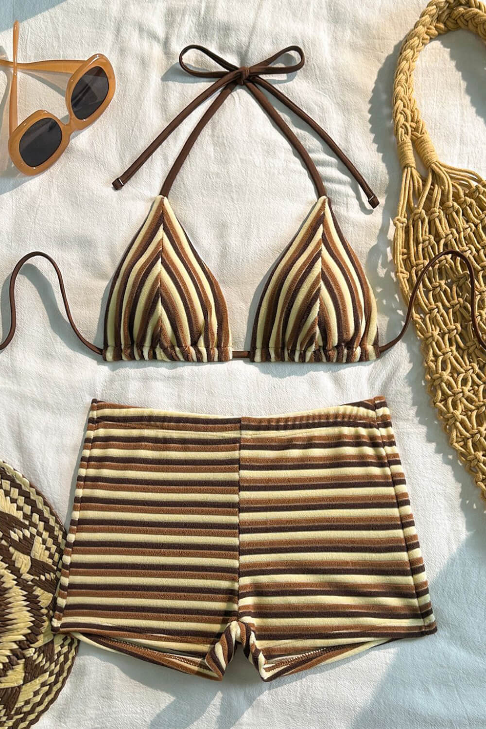 Color Block Striped Rib Triangle Halter Bikini Top And Low Rise Boy Shorts