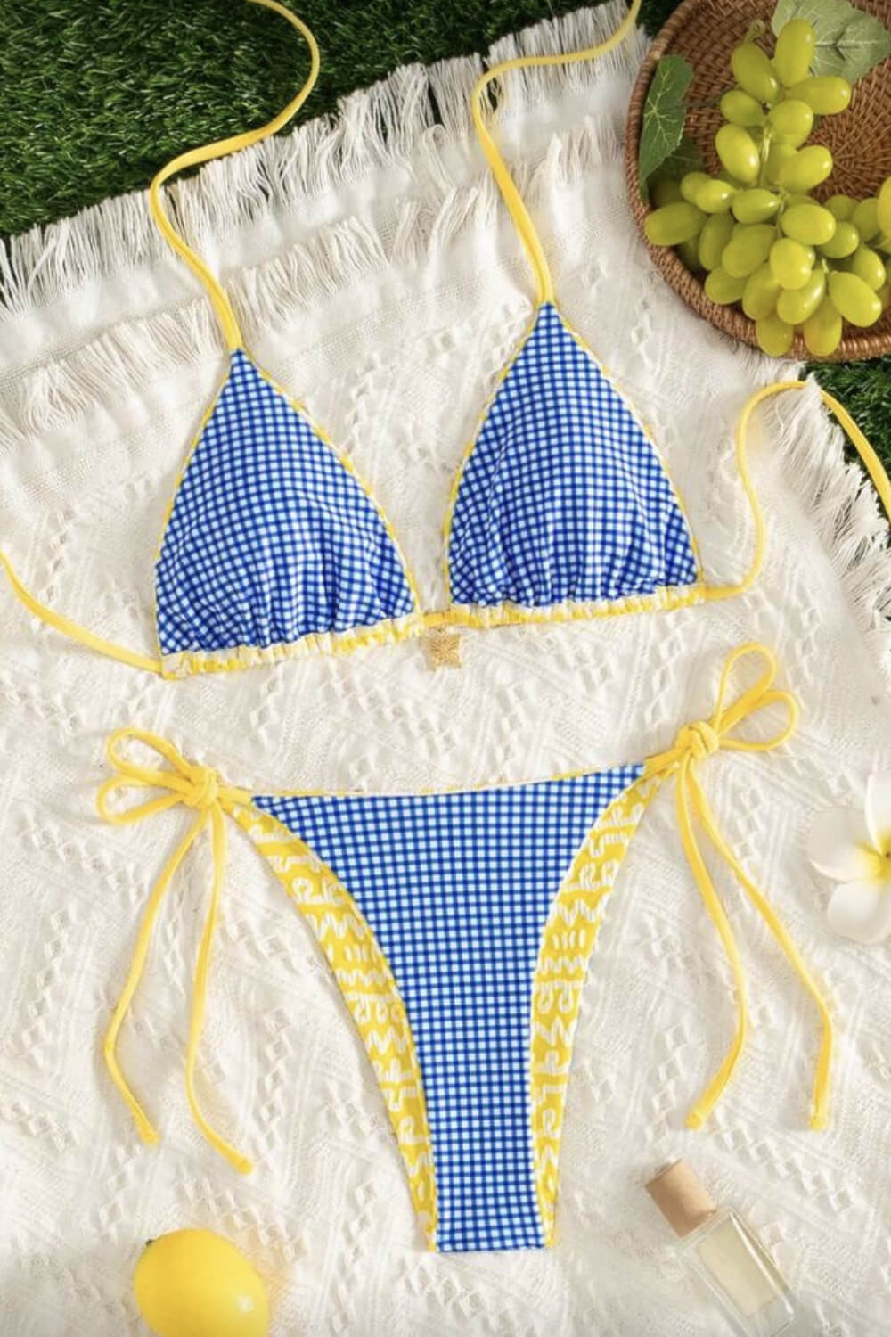 Contrast Blue Yellow Color Blocking Gingham Halter Tie Side Bikini Set