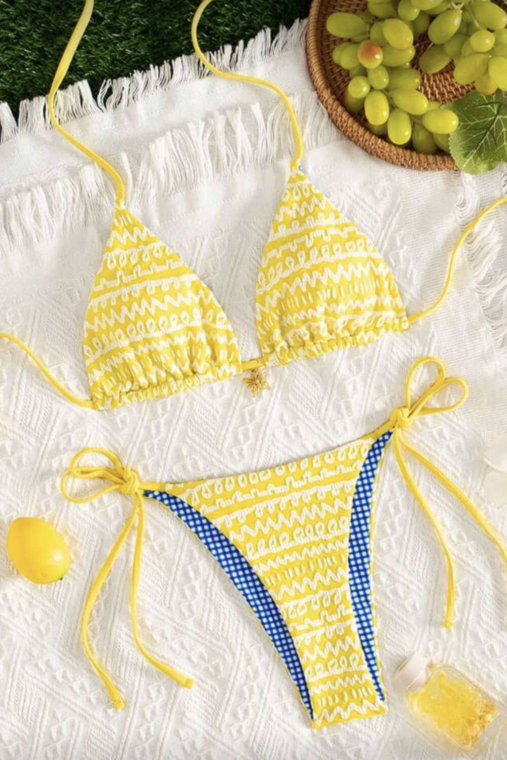 Contrast Blue Yellow Color Blocking Gingham Halter Tie Side Bikini Set
