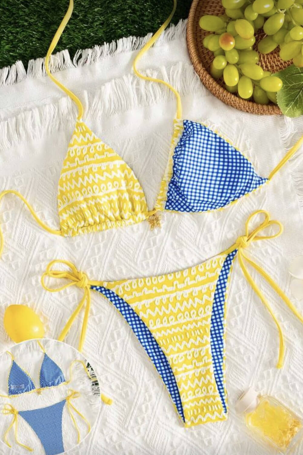 Contrast Blue Yellow Color Blocking Gingham Halter Tie Side Bikini Set