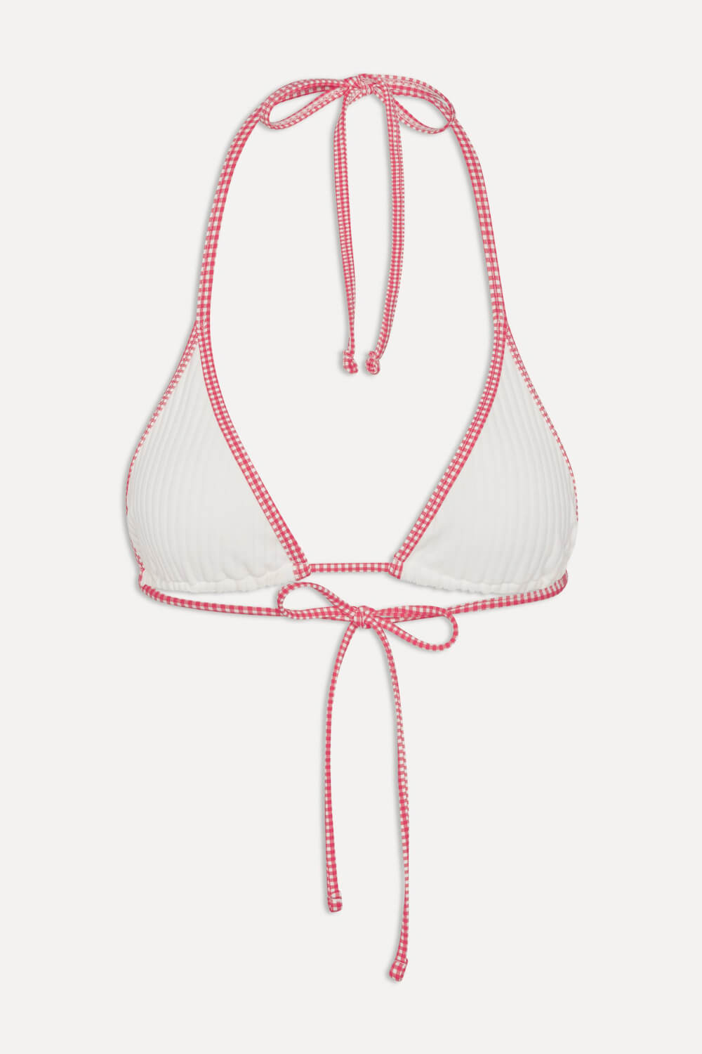 White Rib Triangle Halter Bikini Top And Low Rise Boy Shorts With Red Gingham Binding Details