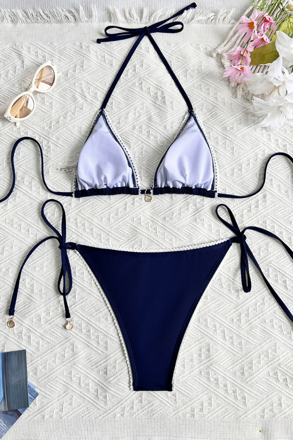 Blue Triangle Halter Tie Side Bikini Set With Contrast Ric Rac Trim