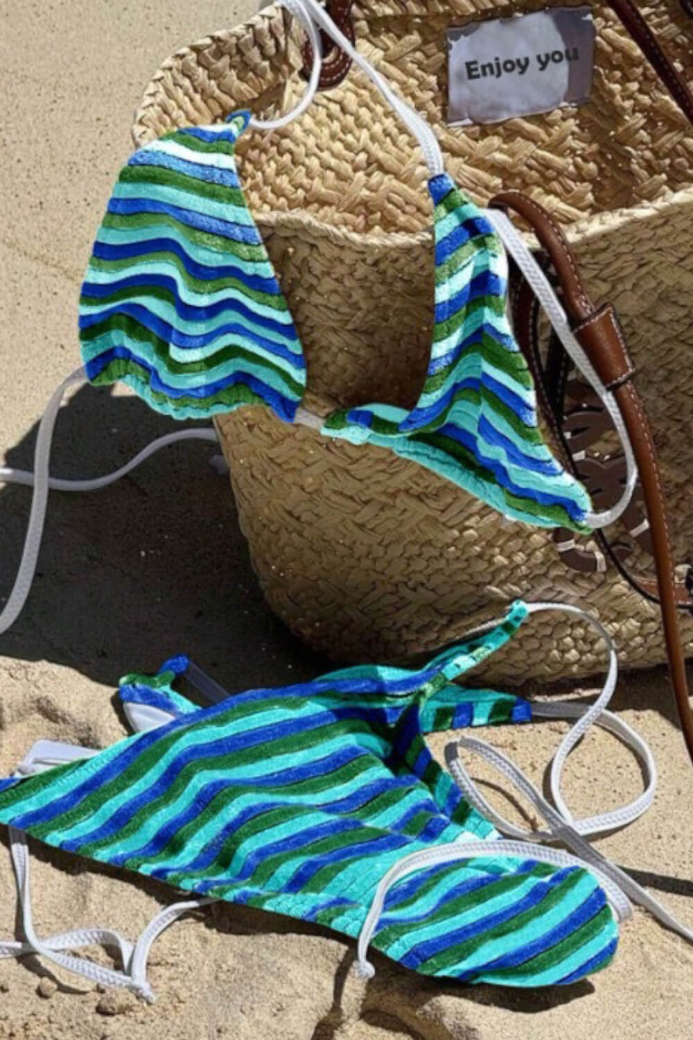 Blue Striped Terry Towelling Triangle Halter Tie Side Bikini Set