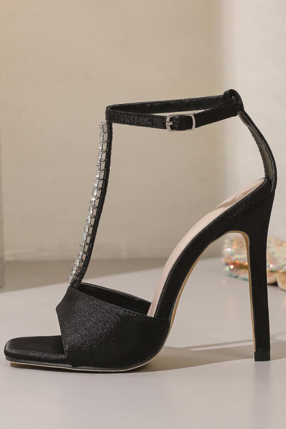 Satin T-Strap Crystal-Chain Open Square Toe Stiletto Heels