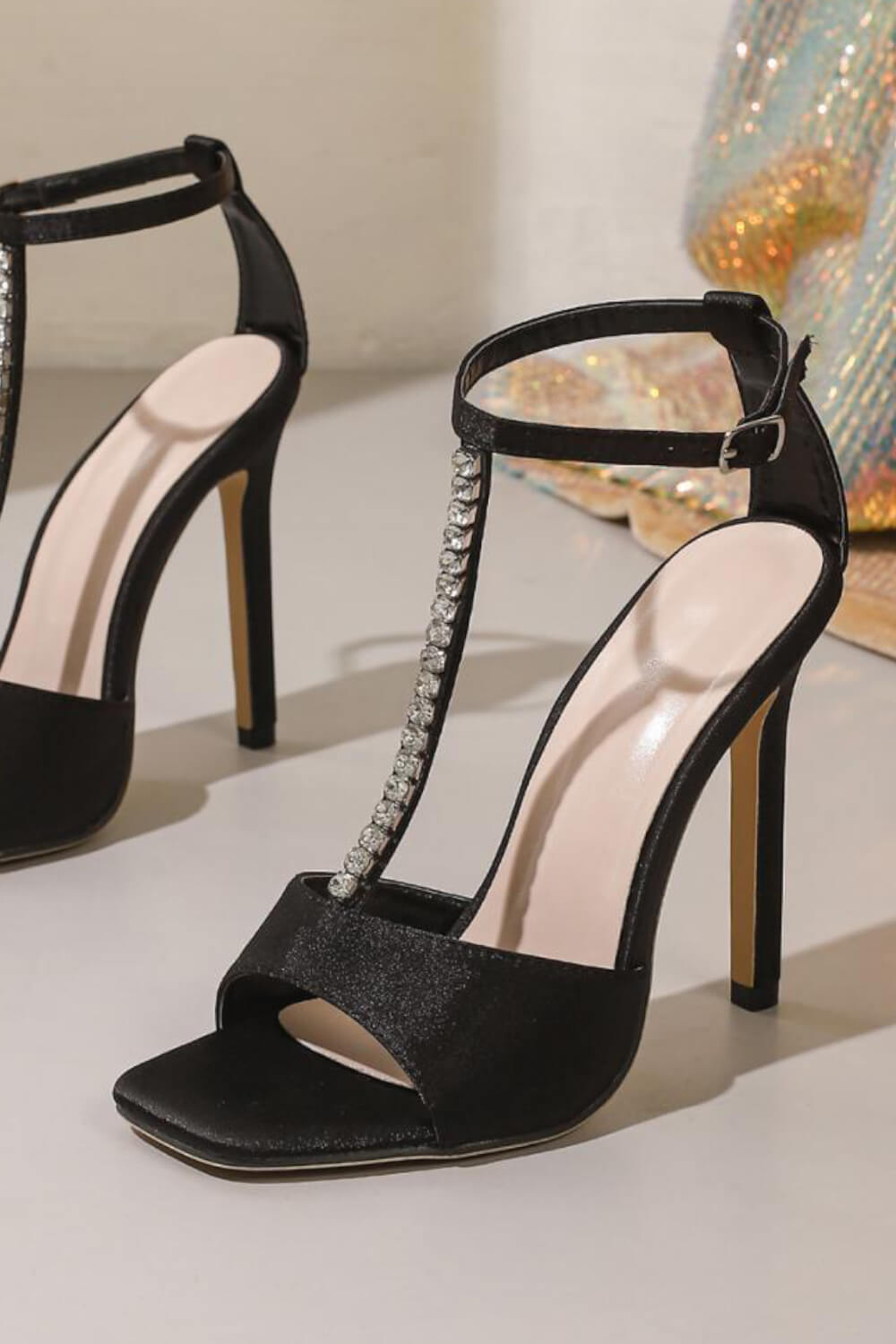 Satin T-Strap Crystal-Chain Open Square Toe Stiletto Heels