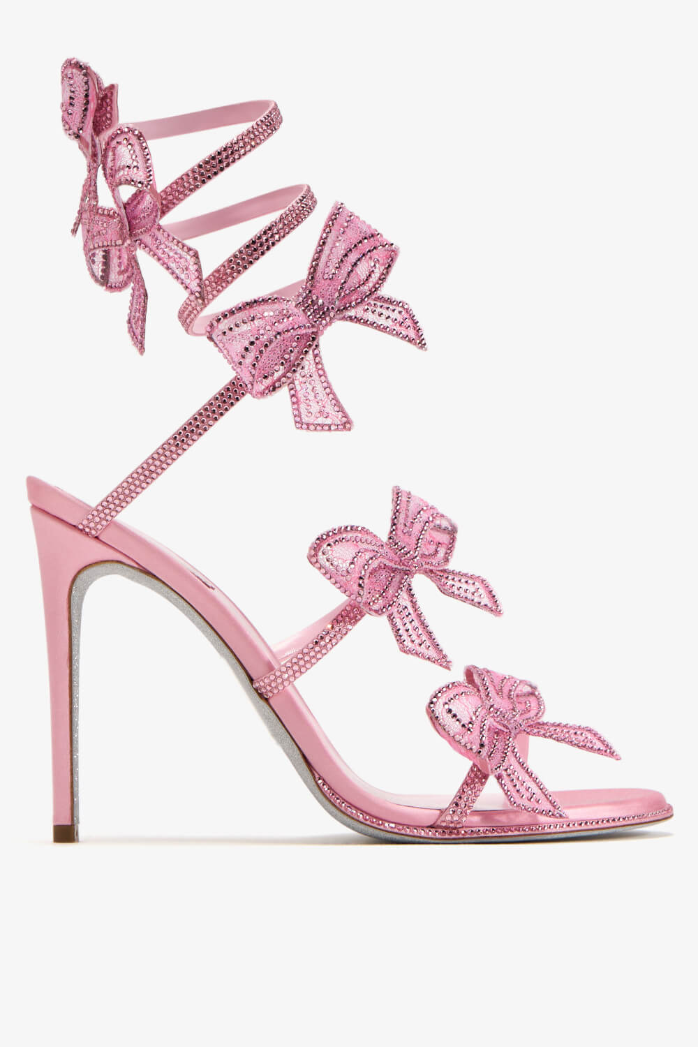 Crystal-Embellished Bow Around The Ankle Coil Stiletto Sandals
