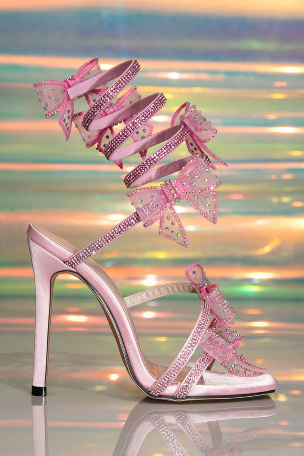 Crystal-Embellished Bow Around The Ankle Coil Stiletto Sandals