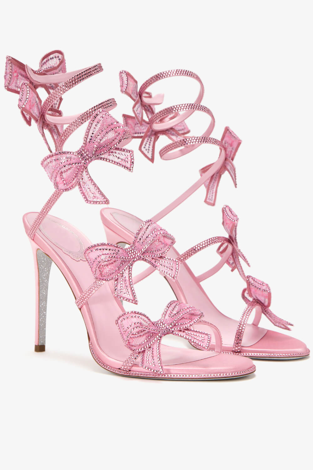 Crystal-Embellished Bow Around The Ankle Coil Stiletto Sandals