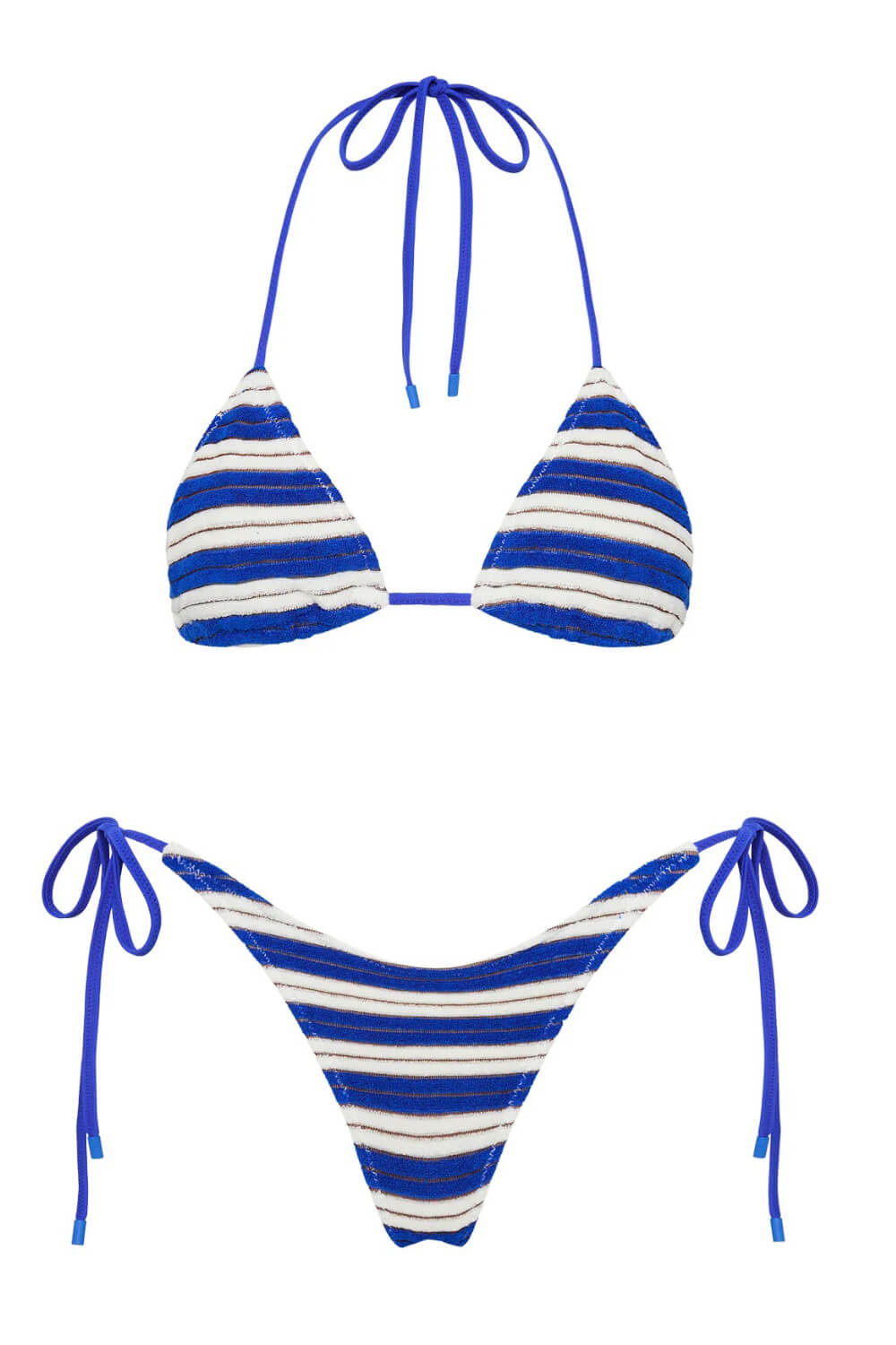 Blue And White Striped Print Terry Towelling Triangle Halter Tie Side Bikini Set