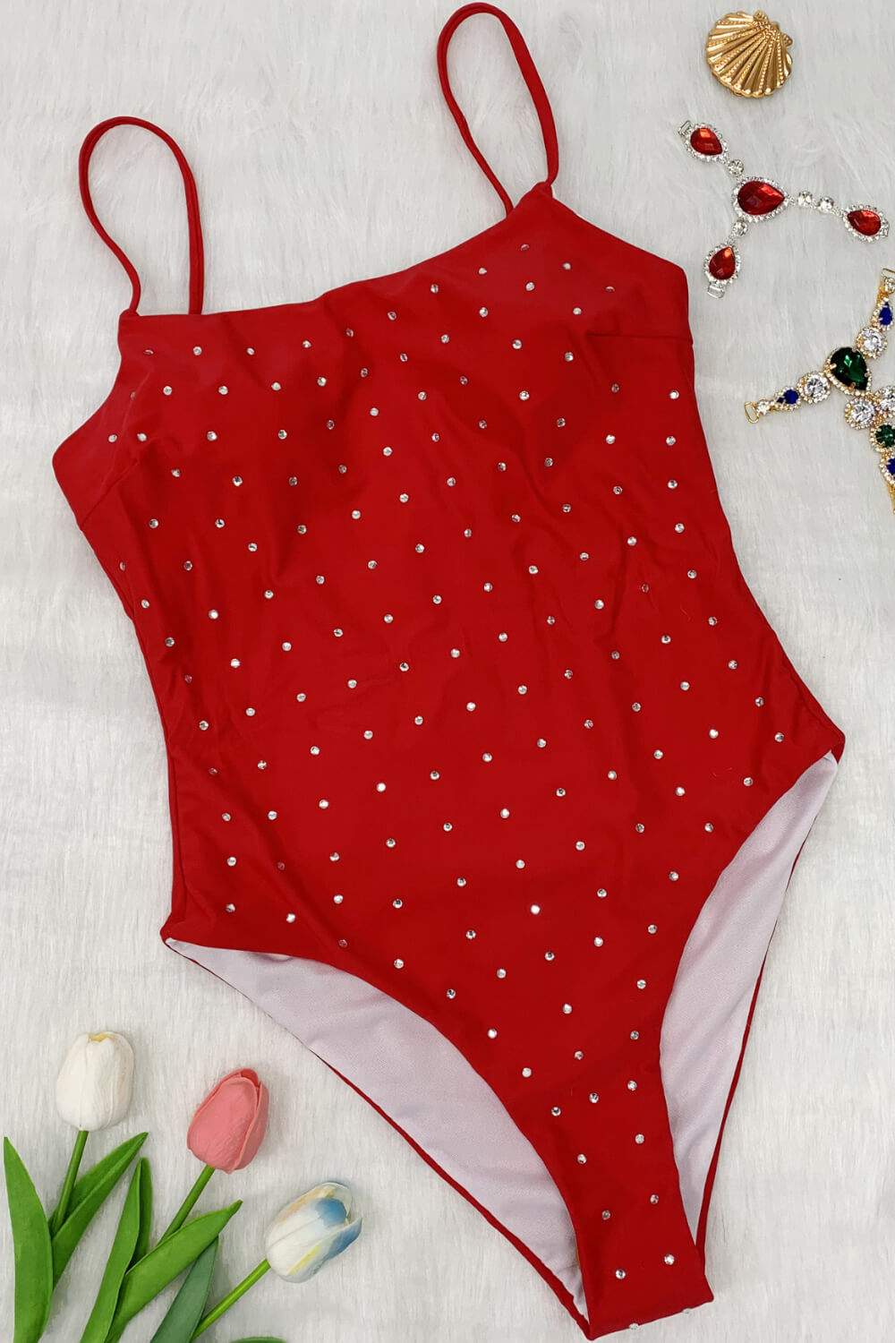 Crystal-Embellished Scoop Neck High-Cut One Piece Swimsuit