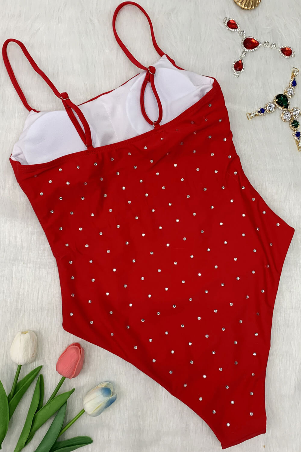 Crystal-Embellished Scoop Neck High-Cut One Piece Swimsuit