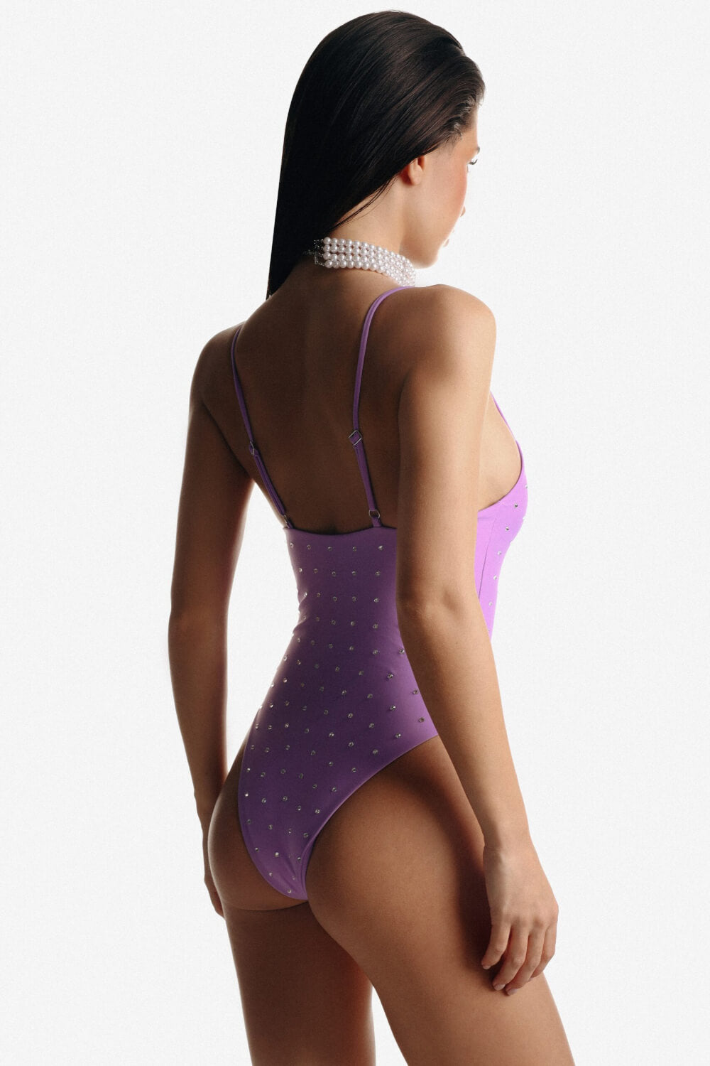 Crystal-Embellished Scoop Neck High-Cut One Piece Swimsuit