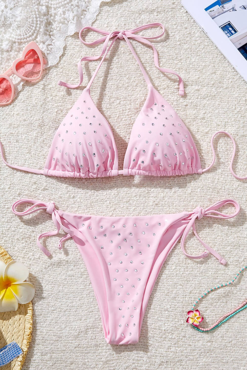Crystal-Embellished Triangle Halter Tie Side Bikini Set