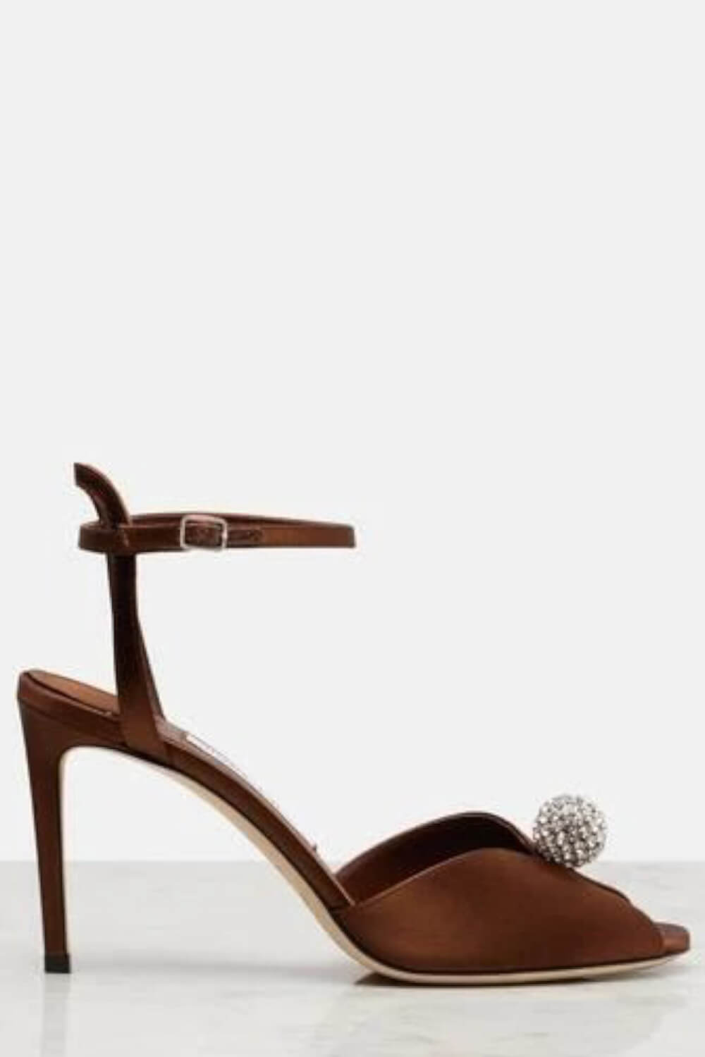 Satin Crystal-Embellished Balls Peep-Toe Heeled Sandals