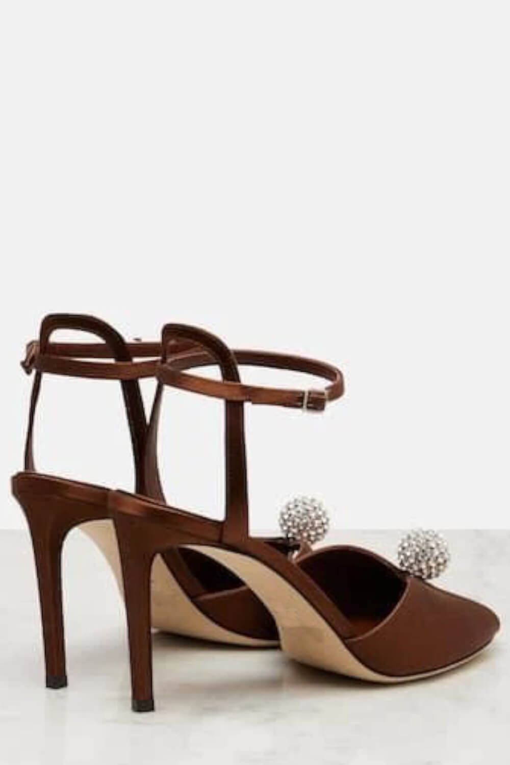 Satin Crystal-Embellished Balls Peep-Toe Heeled Sandals