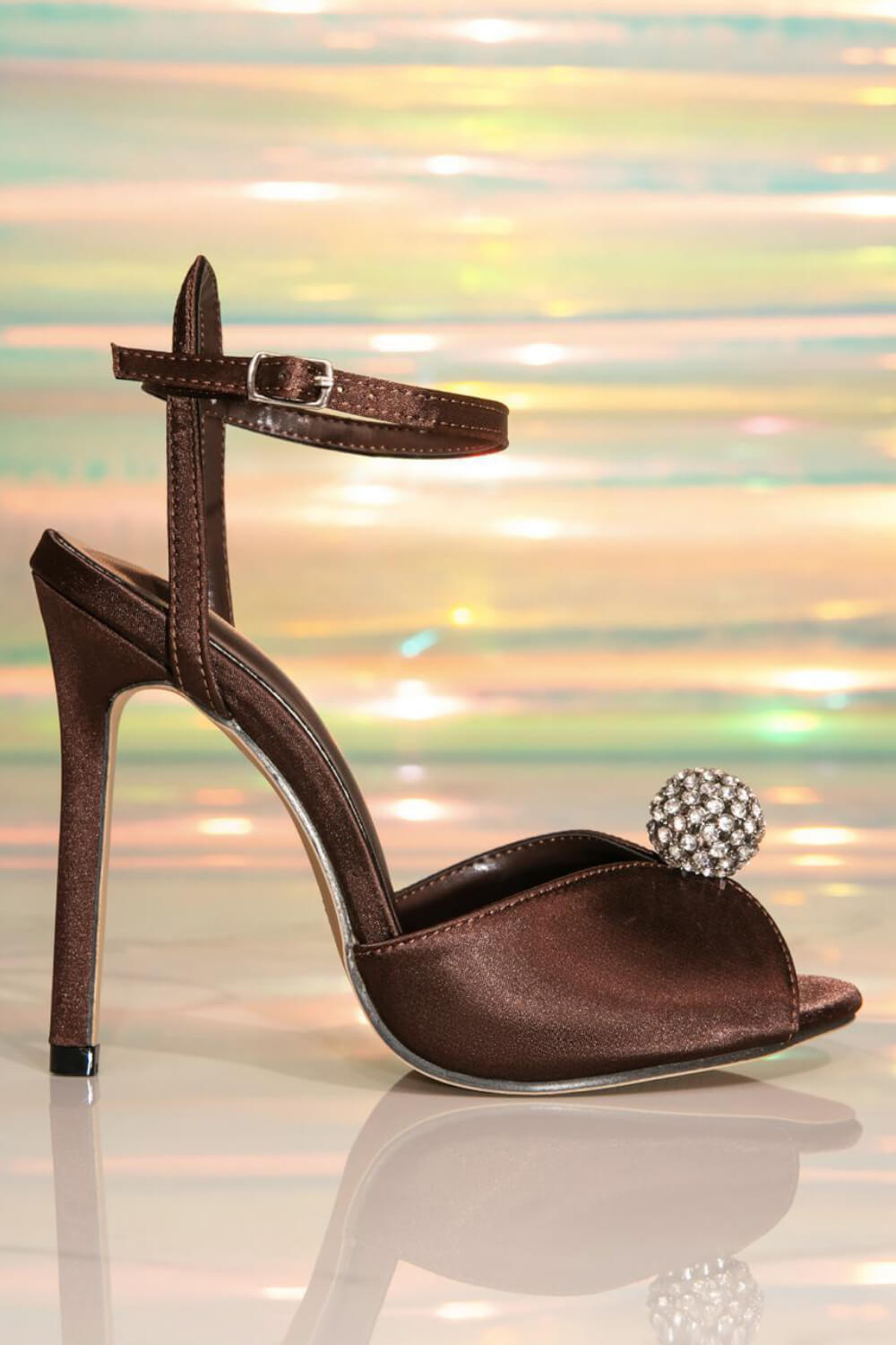 Satin Crystal-Embellished Balls Peep-Toe Heeled Sandals