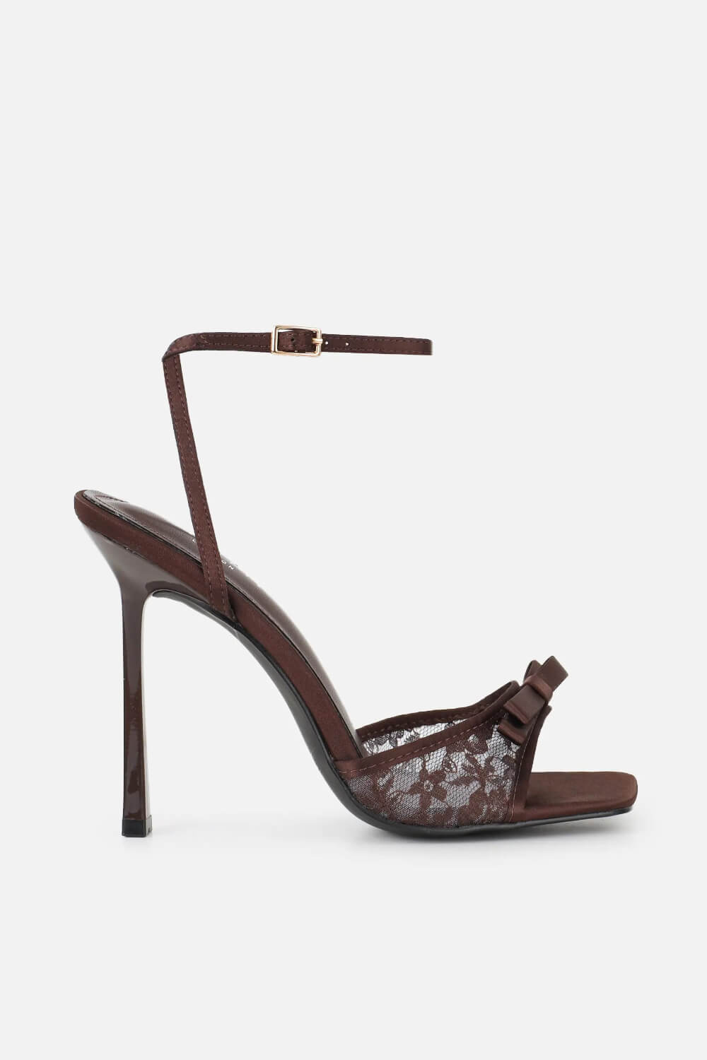 Brown Lace Bow Detail Open Square Toe Heeled Sandals