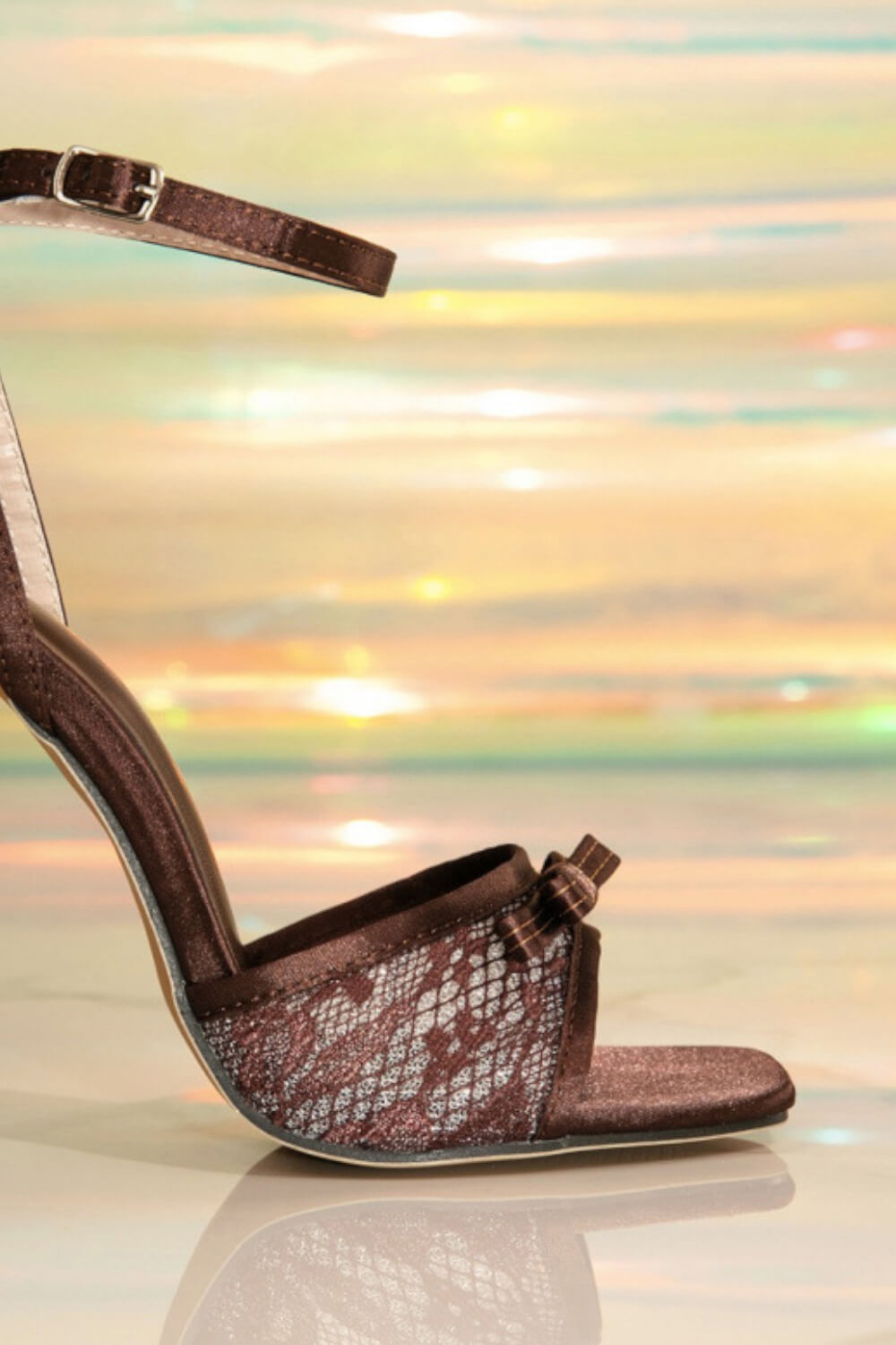 Brown Lace Bow Detail Open Square Toe Heeled Sandals