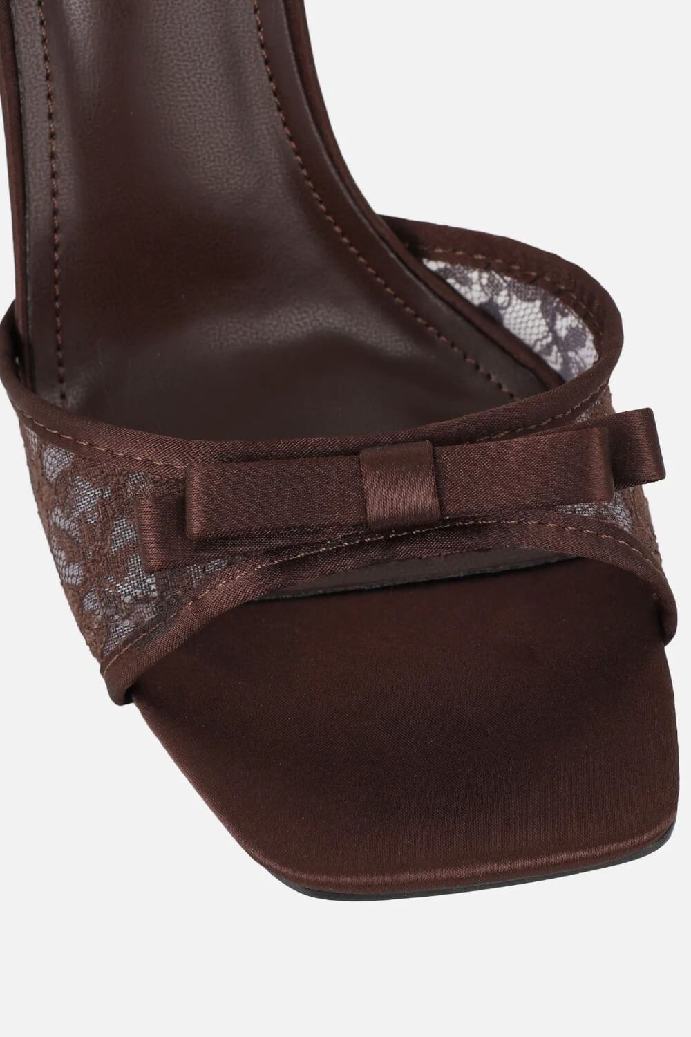 Brown Lace Bow Detail Open Square Toe Heeled Sandals