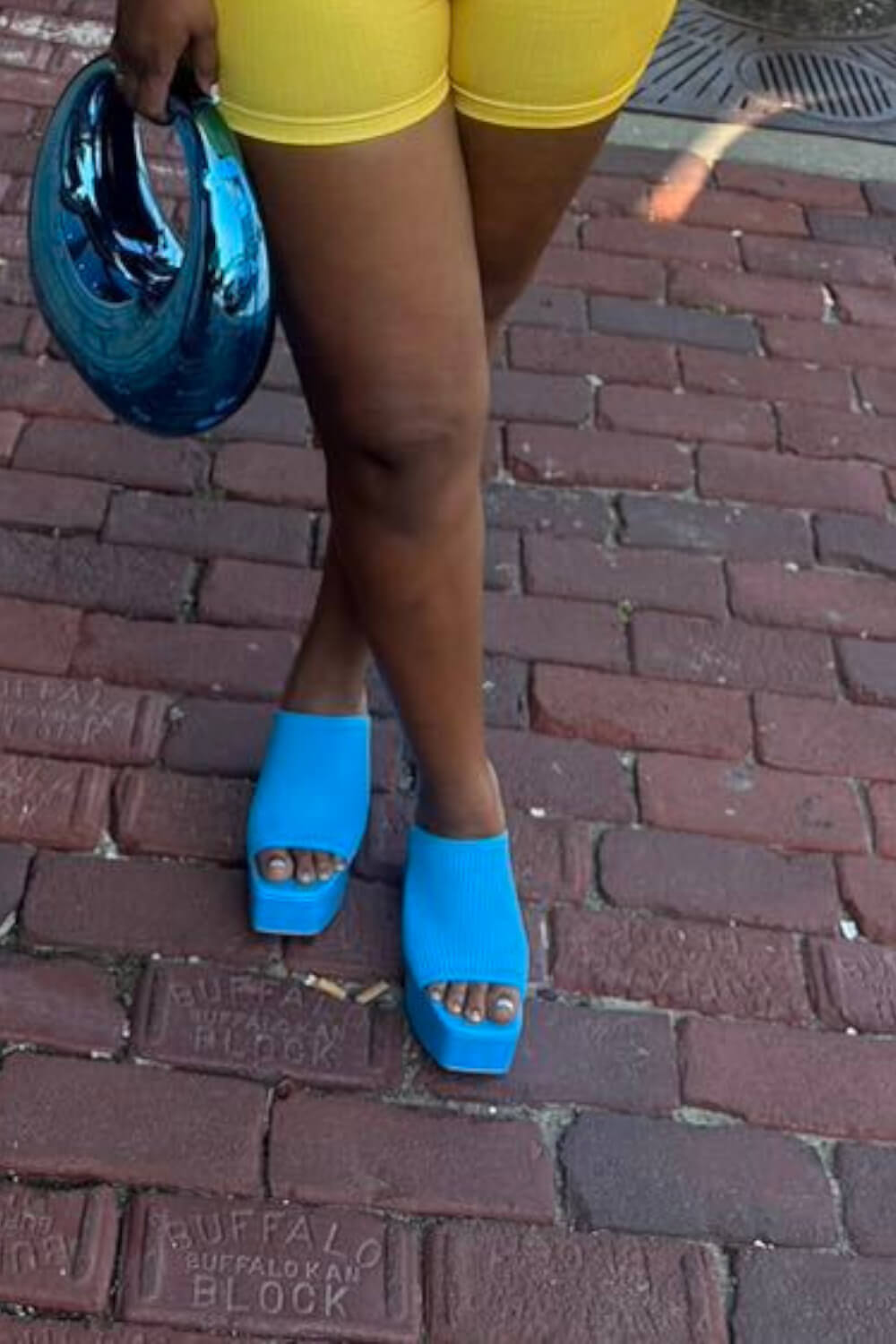Lycra & Knit Chunky Open Toe Platform High Heeled Mules