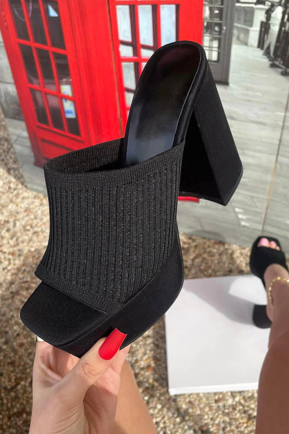 Lycra & Knit Chunky Open Toe Platform High Heeled Mules
